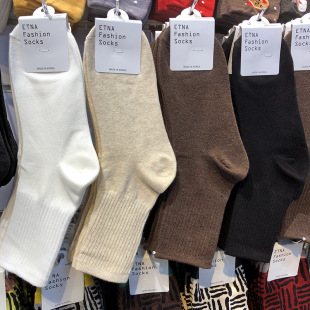 韩国ETNA秋冬新款 棉袜黑白纯色束腰女袜日系简约百搭素色中筒袜子