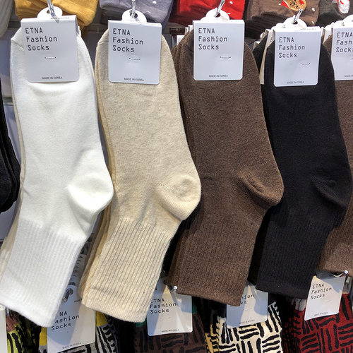 韩国ETNA秋冬新款棉袜黑白纯色束腰女袜日系简约百搭素色中筒袜子