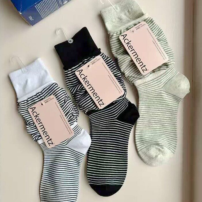 新品春薄棉女小腿条纹泡泡口时装堆堆袜MARCA韩国袜子