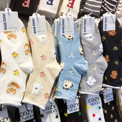 韩国vivid秋季新款袜子女可爱植绒卡通猫咪棉袜木耳花边中筒女袜