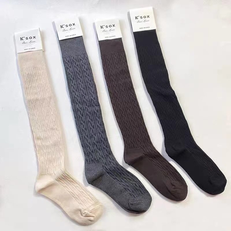 韩国ksox麻花纹过膝袜东大门纯色森系螺纹大腿袜秋冬长高筒棉袜女