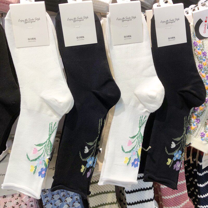 秋冬新款韩国袜子女袜中筒日系文艺风后跟水仙花小卷边长棉袜百搭