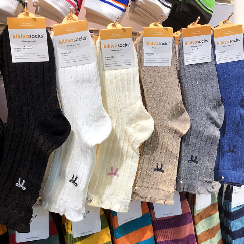【现货】韩国KIKIYA秋冬新款蝴蝶结女生棉袜木耳边纯色坑条中筒袜