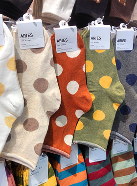 韩国进口ARIES新款袜子时尚复古大波点女生中筒棉袜卷边松口女袜