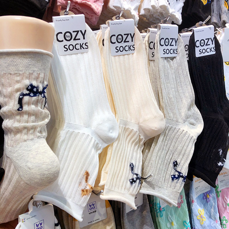 韩国进口春夏薄款袜子透肉网纱蝴蝶结法式少女袜COZY卷边松口中筒