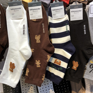韩国进口KIKIYA潮男袜子时尚 动漫卡通小熊拼色中筒袜黑白纯色棉袜