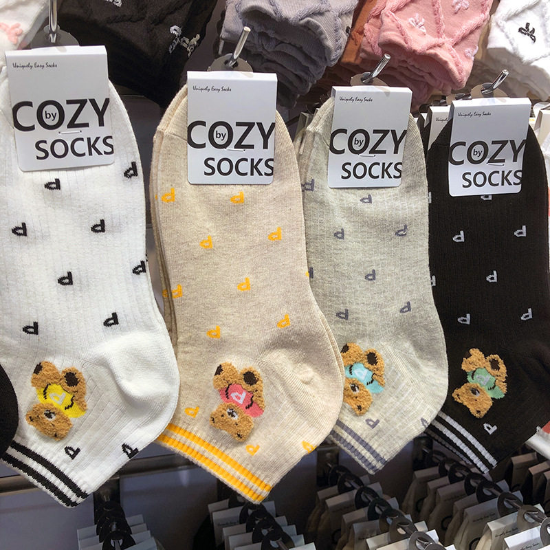 韩国春夏新款袜子可爱字母P小熊少女袜COZY两杠波点低腰短筒棉袜