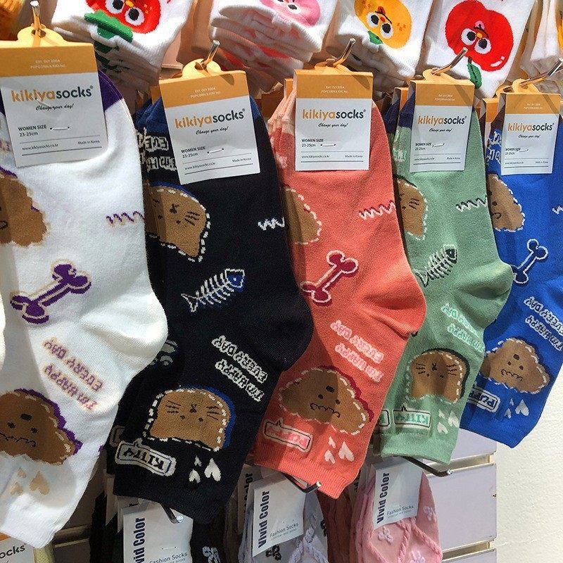 韩国进口kikiya袜子日系卡通动漫可爱少女袜虚线小熊小猫中筒