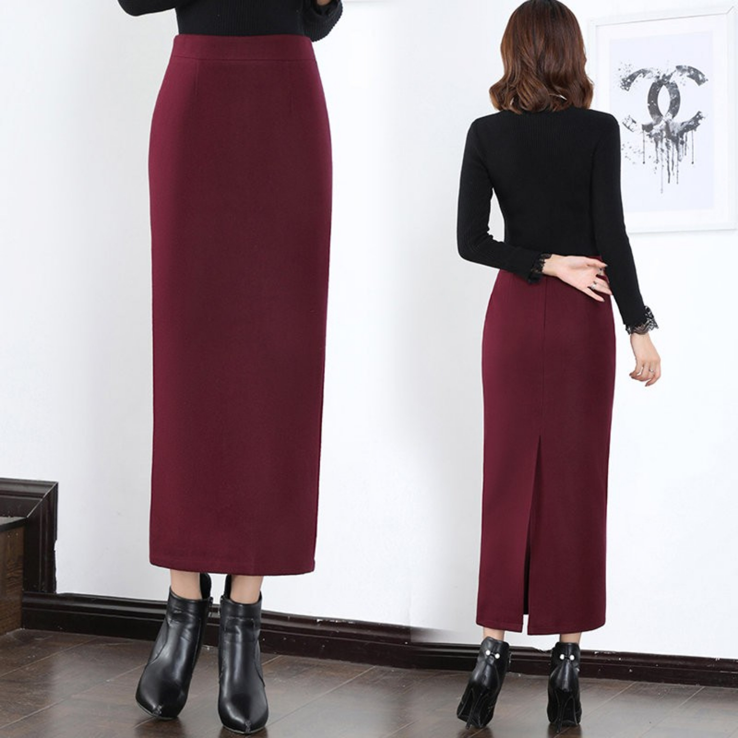 安可拉红秋冬毛呢半身裙高腰包臀裙中长款一步裙直筒裙加厚长裙