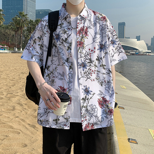 冰丝花衬衫短袖男夏威夷沙滩衬衣痞帅大码宽松休闲外套7232P35