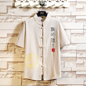 风男短袖休闲棉麻衬衫男生大码纯棉衬衣A056-C143-P33图片