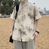 男士夏季风薄款复古盘扣汉服五分袖衬衣新中式男装7007P40，男装T恤，电商A056