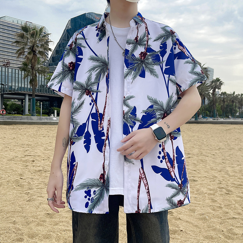C336夏季短袖花衬衫男夏威夷风海边沙滩美式衬衣薄款透气P35,男装衬衫,电商A056