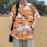 港风短袖衬衫男士丝光棉免烫花衬衣男胖子宽松印花半袖7230P35，男装T恤，电商A056