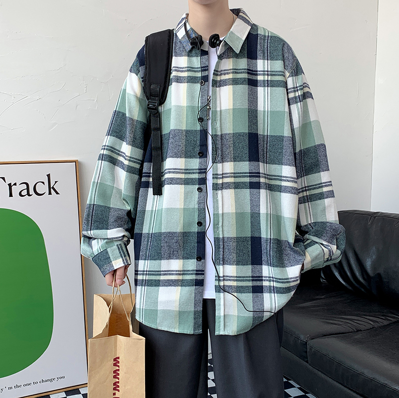 格子长袖衬衫男春秋季装大码宽松学生休闲港风寸衣A056-C829P40，男装衬衫，电商A056