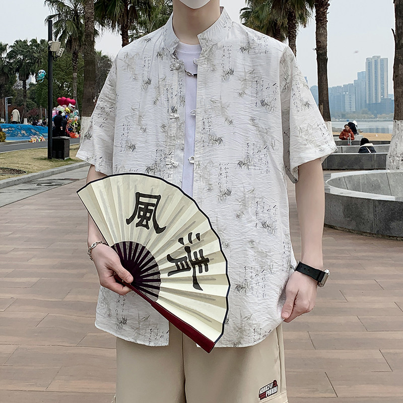 风盘扣短袖衬衫男夏季薄外套男士青年米白衬衣7005P40,男装T恤,电商A056