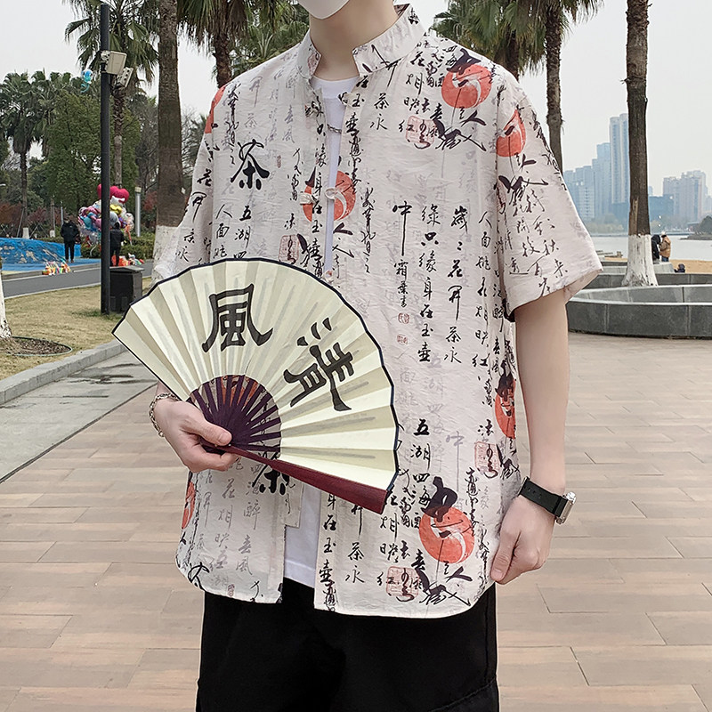 新中式春夏风男装唐装汉服短袖衬衫盘扣衬衣7010P40,男装T恤,电商A056