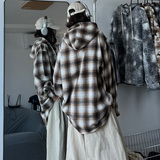 磨毛加厚格子中性休闲衬衫外套卡其色男连帽衬衫夹克A056-5720P55，男装夹克，电商A056