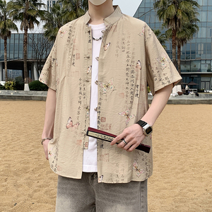风短袖衬衫男士夏季新中式立领盘扣衬衣男7002P40