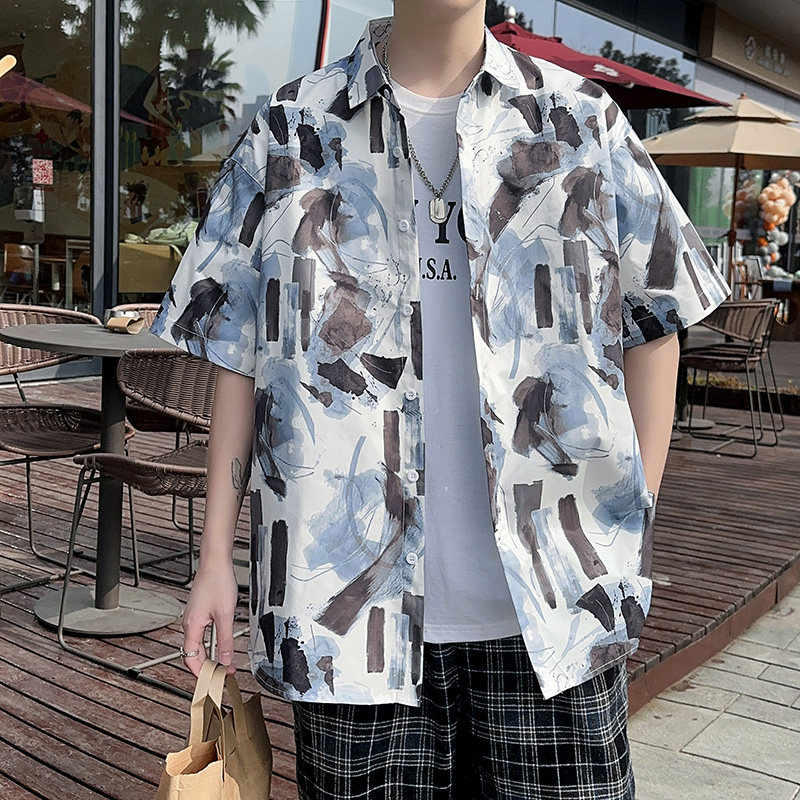 C322高品质夏季男生短袖衬衫印花青年宽松港风P35,男装T恤,电商A056
