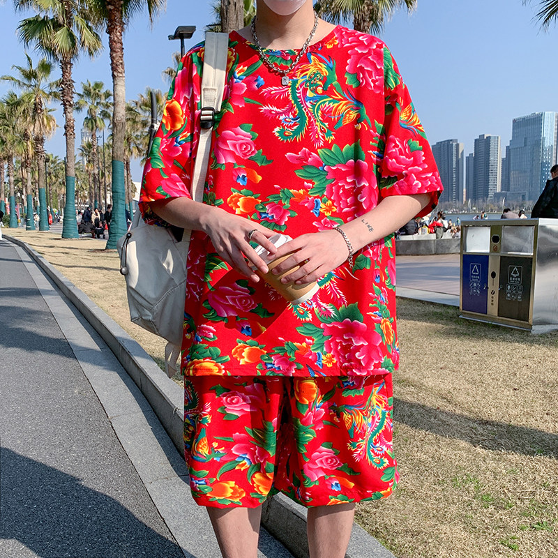 T303东北大花夏季新款男宽圆领T恤+五分裤子套装特P40,男装休闲套装,电商A056