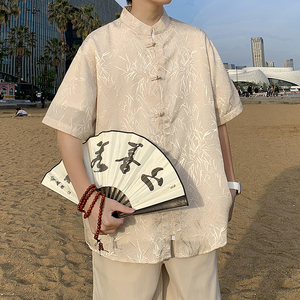 竹叶提花 抖音款 百搭2025春新中式短袖汉服盘扣衬衫C338P45图片