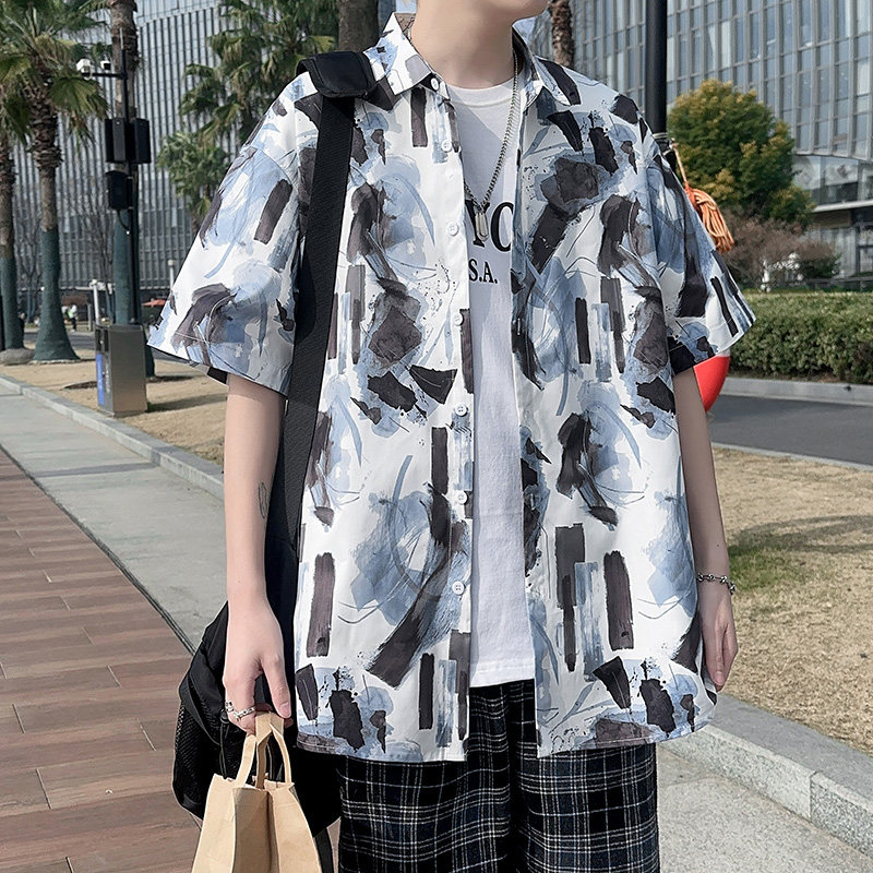 C322高品质夏季男生短袖衬衫印花青年宽松港风P35,男装T恤,电商A056
