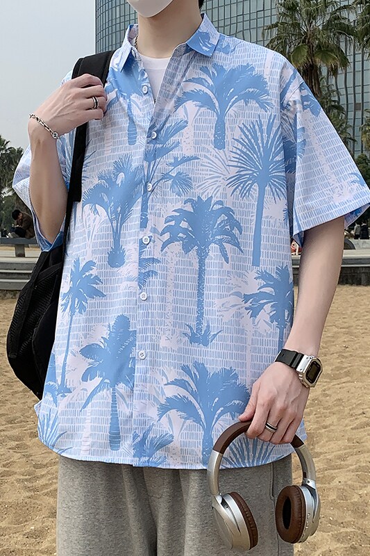 冰丝花衬衫短袖男夏威夷沙滩衬衣帅大码宽松休闲薄款外套7238P35,男装T恤,电商A056