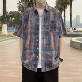 夏季新款短袖衬衫男蓝色格子时尚休闲破洞半袖衬衣7223P48，男装T恤，电商A056