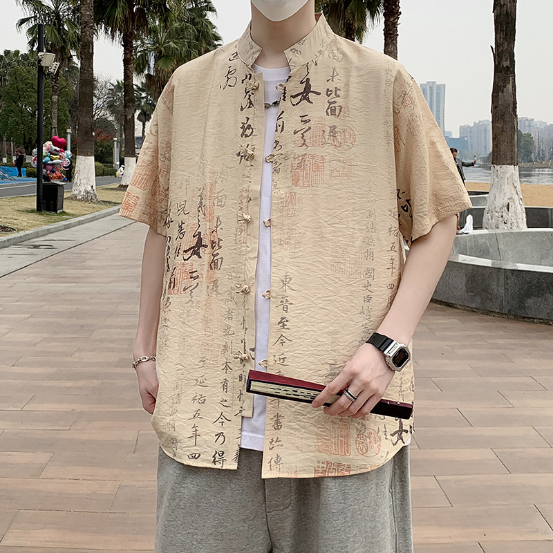 新中式春夏风男装盘扣唐装汉服短袖衬衫衬衣7012P40,男装T恤,电商A056