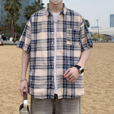 夏季新款短袖衬衫男黑色蓝色格子时尚休闲破洞半袖衬衣7222P48，男装T恤，电商A056