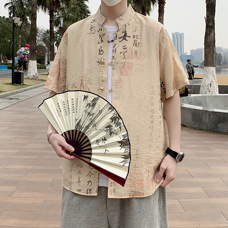 新中式春夏风男装盘扣唐装汉服短袖衬衫衬衣7012P40图片
