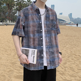 夏季新款短袖衬衫男蓝色格子时尚休闲破洞半袖衬衣7223P48，男装T恤，电商A056