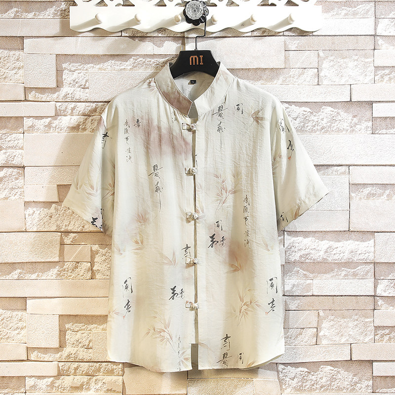 新中式立领盘扣衬衣男士风新风潮男装唐装短袖衬衫7007P40，男装T恤，电商A056