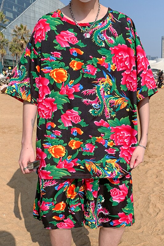 T303东北大花夏季新款男宽松休闲青年圆领T恤+五分裤子套装特P40,男装休闲套装,电商A056