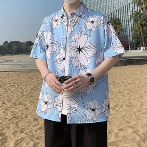 夏季短袖衬衫男士丝光棉免烫花衬衣港风男宽松印花半袖7231P35图片