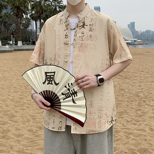 新中式春夏风男装盘扣唐装汉服短袖衬衫衬衣7012P40图片