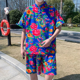 T203东北花三扣T恤盘扣宽松短袖套装特P45，男装T恤，电商A056