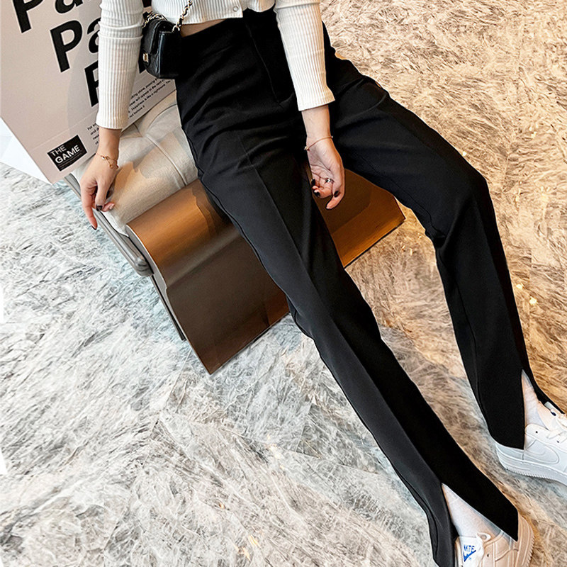 裤子女春秋季新款高腰垂感显瘦修身休闲直筒西装裤黑色开叉阔腿裤