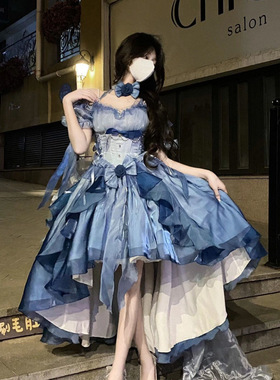 蓝色花嫁礼服lolita连衣裙洋装洛丽塔重工拖尾蓬蓬公主裙
