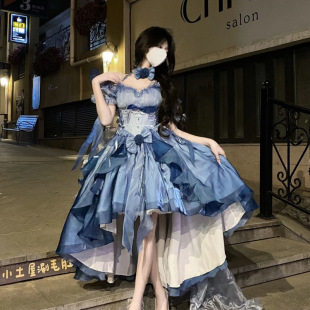 蓝色花嫁礼服lolita连衣裙洋装洛丽塔重工拖尾蓬蓬公主裙
