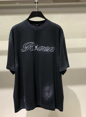 ROEN男士T恤字母刺绣骷髅头点缀渐变喷墨黑色圆领短袖潮牌上衣