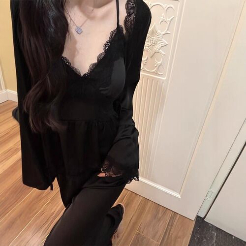 秋季睡衣女春冰长袖2026新款吊带胸垫三件套秋天家居服1011d