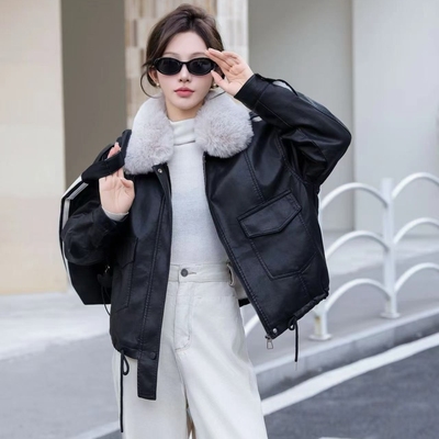 宽松时尚加绒加厚短款皮衣外套女