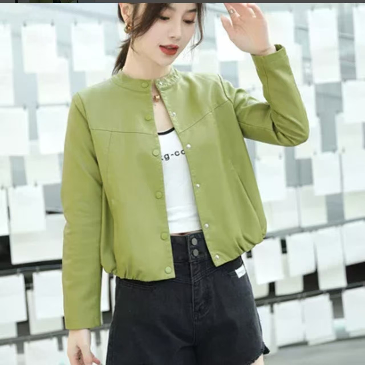 宽松韩版水洗蛋白软皮短款皮衣女