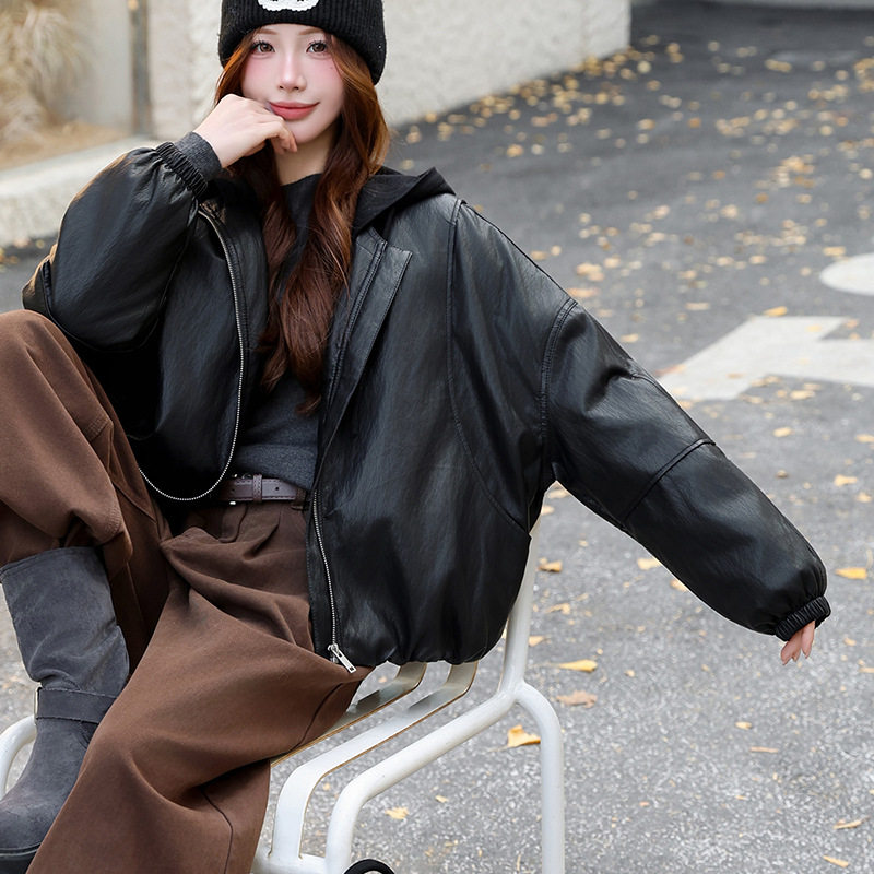 宽松连帽羽绒内里短款保暖皮衣女
