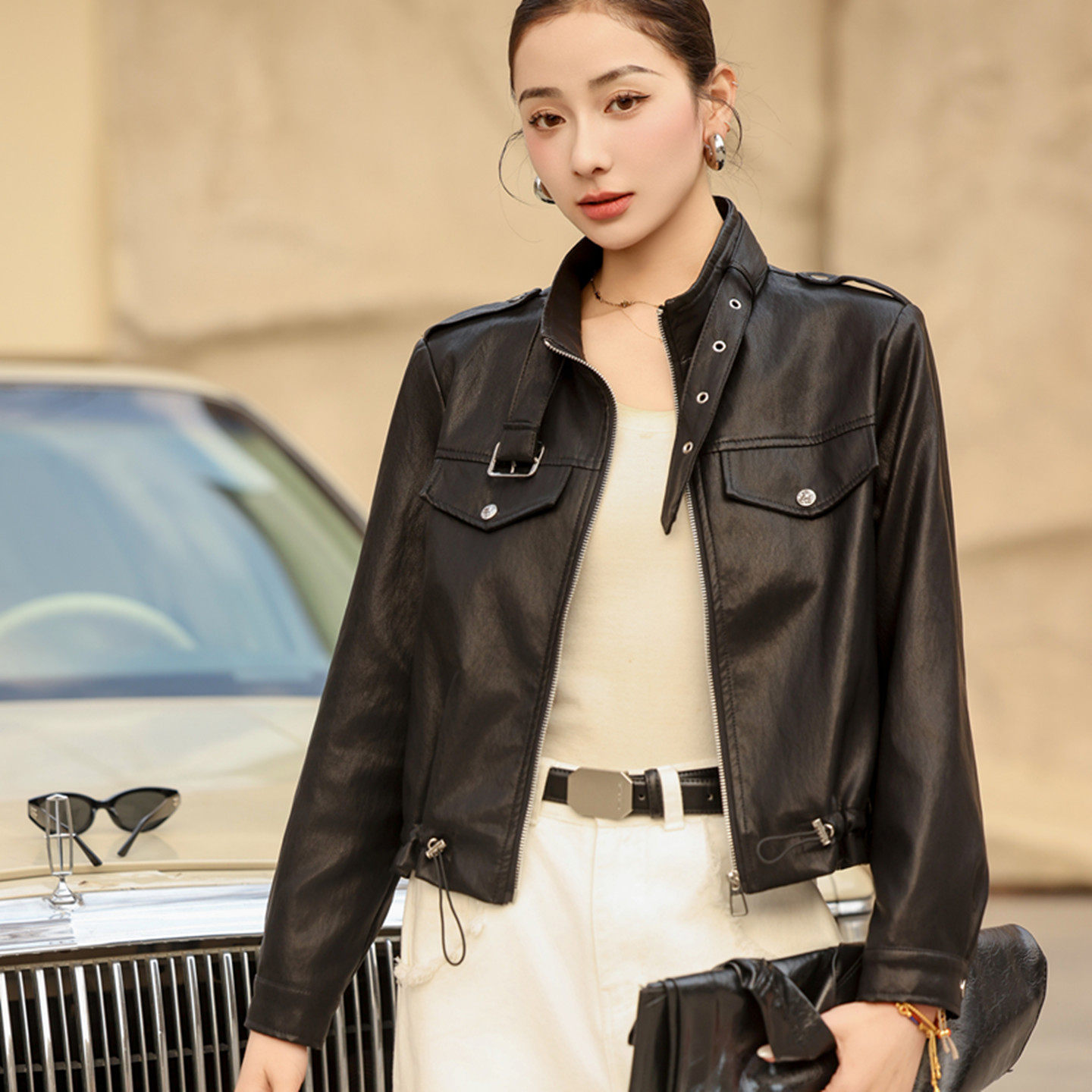 复古机车风立领短外套皮衣女2026春秋新款百搭小个子拉链夹克上衣,女装/女士精品,皮衣,淘宝优惠券,粉丝福利购,淘宝优惠卷