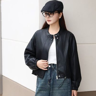 宽松软皮短款新款小个子皮衣女
