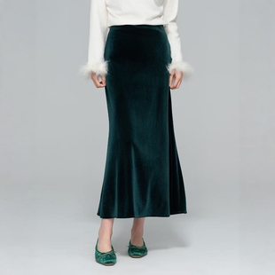 【知合堂】2025秋季新款高腰鱼尾裙半身裙女显瘦国风丝绒a字长裙