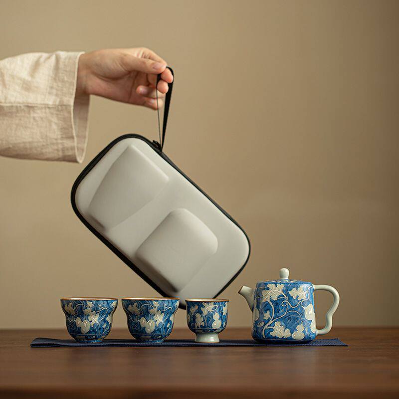 仿宋元青花汝窑茶壶茶杯一壶三杯旅行茶具套装户外便携包